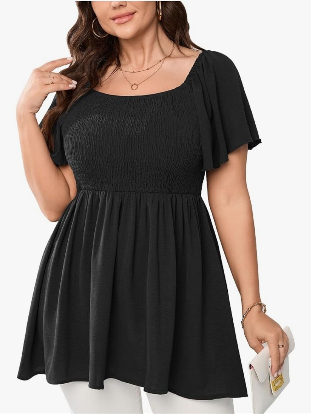 Black Square-Neck Smocked Waist Flutter Sleeve Tunic Size 1X